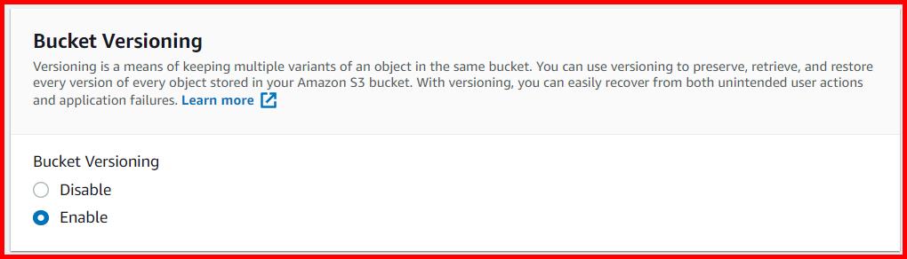 Picture showing enabling the bucket versioning